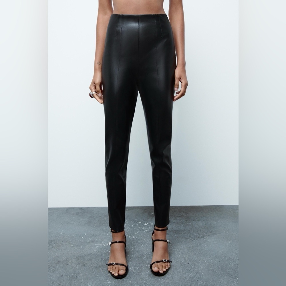 ZARA Black Faux Leather High Rise Skinny Leggings Pants Sleek Chic Moto Size S